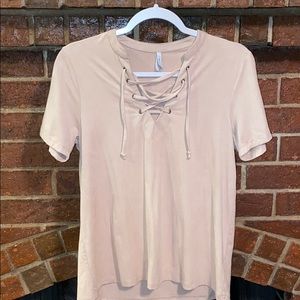 Light pink/nude vneck tee with criss cross strings
